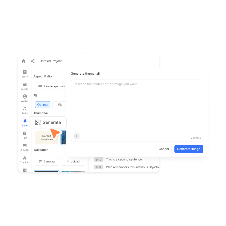 Click Generate in the Thumbnail section to open Visla’s AI Thumbnail Generator.